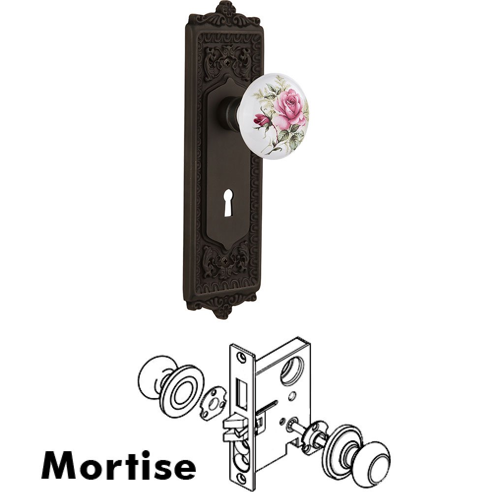 Mortise - Egg and Dart Plate with Rose Porcelain Knob with Keyhole in Oil Rubbed Bronze
