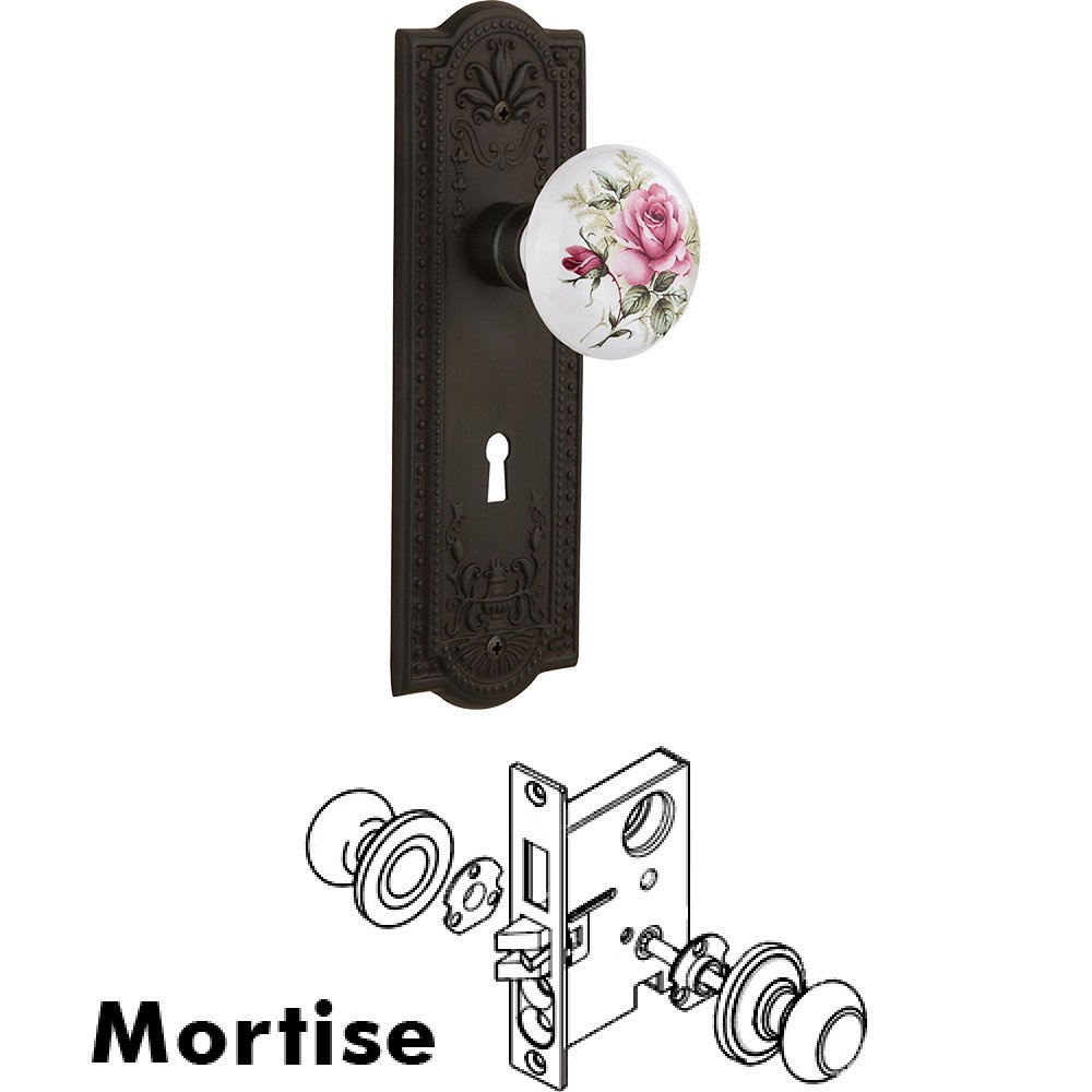 Mortise - Meadows Plate with Rose Porcelain Knob with Keyhole in Oil Rubbed Bronze