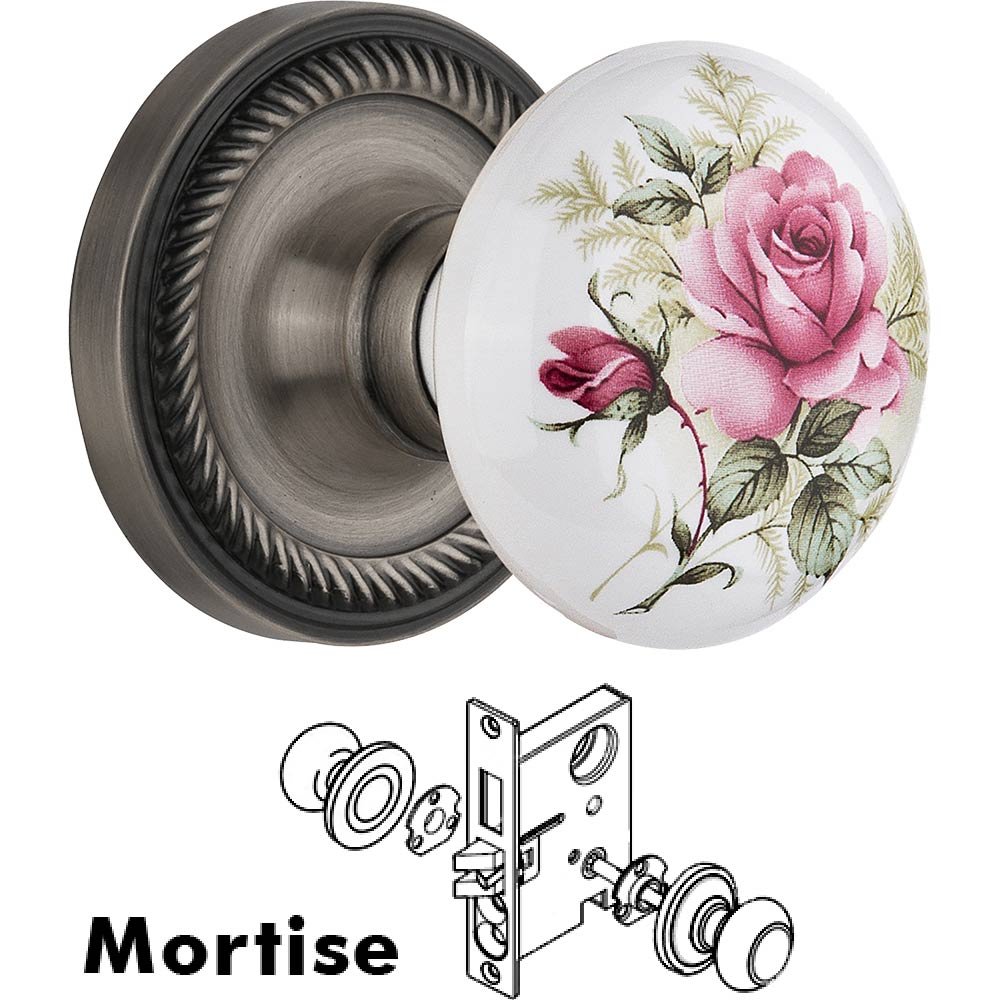 Mortise - Rope Rose with Rose Porcelain Knob in Antique Pewter