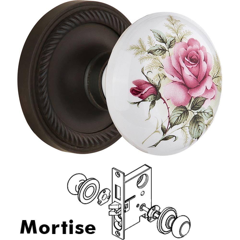 Mortise - Rope Rose with Rose Porcelain Knob in Oil Rubbed Bronze