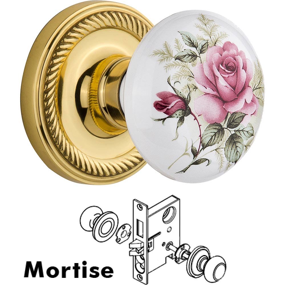 Mortise - Rope Rose with Rose Porcelain Knob in Polished Brass