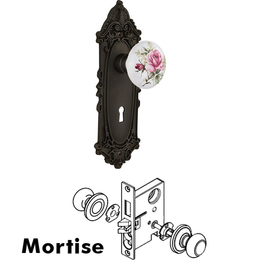 Mortise - Victorian Plate with Rose Porcelain Knob with keyhole in Oil Rubbed Bronze