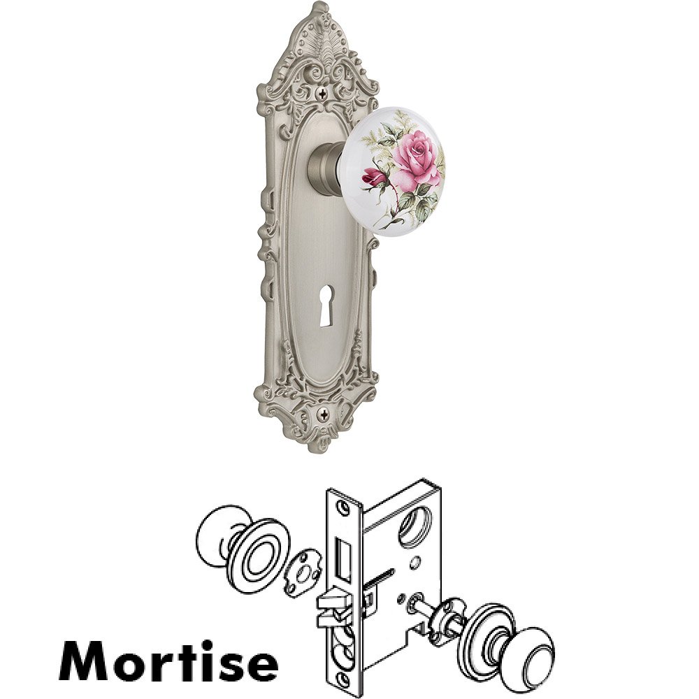 Mortise - Victorian Plate with Rose Porcelain Knob with keyhole in Satin Nickel