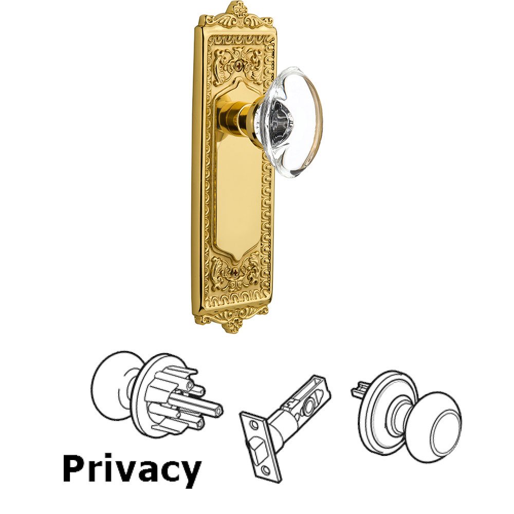 Privacy Knob - Egg and Dart Plate with Oval Clear Crystal Knob without Keyhole in Polished Brass