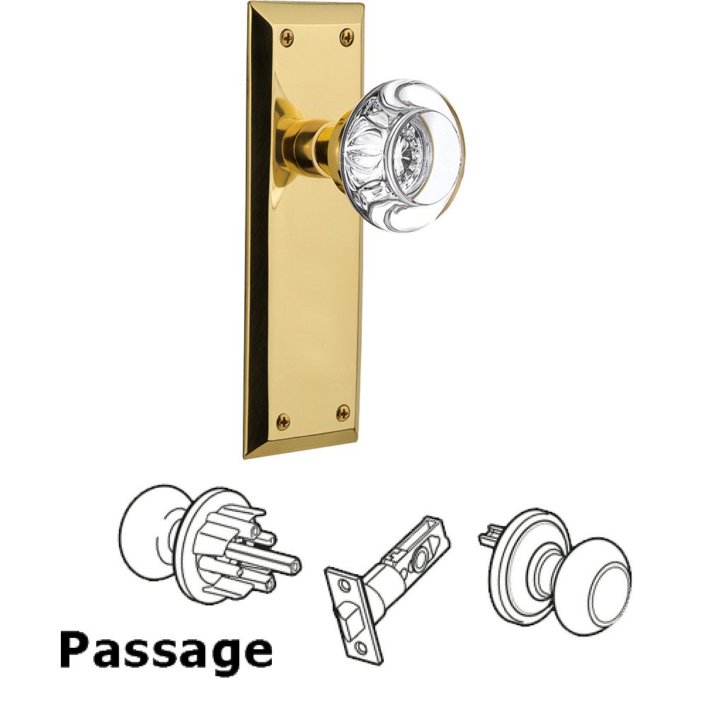 Passage New York Plate with Round Clear Crystal Glass Door Knob in Polished Brass