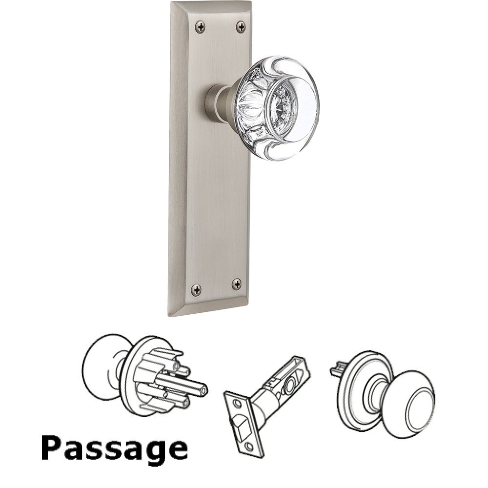 Passage Knob - New York Plate with Round Clear Crystal Knob without Keyhole in Satin Nickel