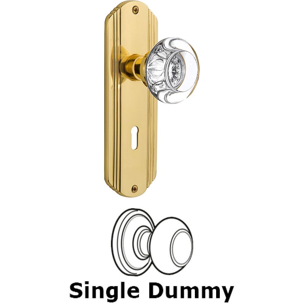Single Dummy - Deco Plate with Round Clear Crystal Knob with Keyhole in Polished Brass
