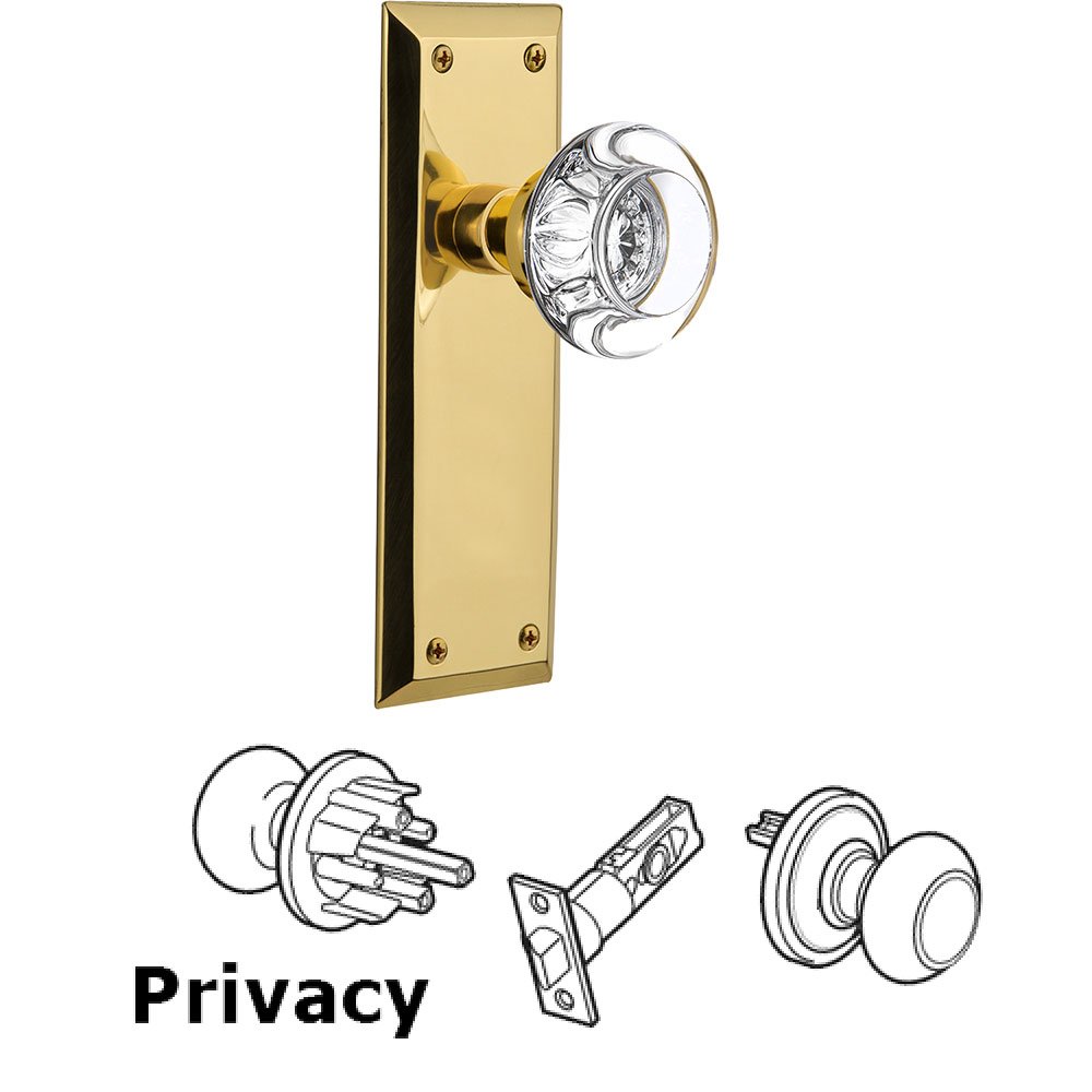 Privacy Knob - New York Plate with Round Clear Crystal Knob without Keyhole in Polished Brass