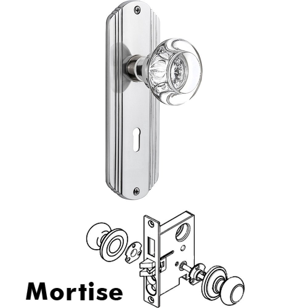Mortise - Deco Plate with Round Clear Crystal Knob with Keyhole in Bright Chrome