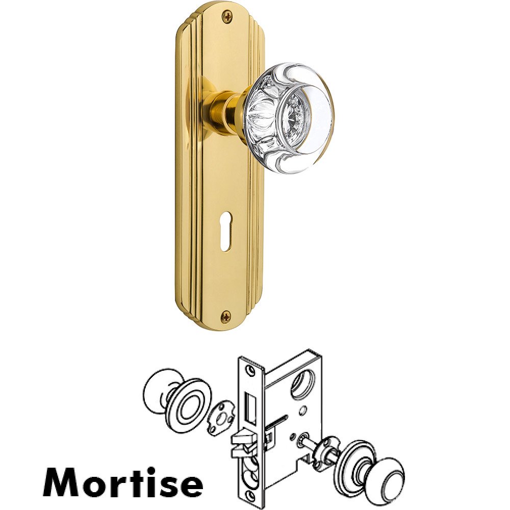 Mortise - Deco Plate with Round Clear Crystal Knob with Keyhole in Polished Brass