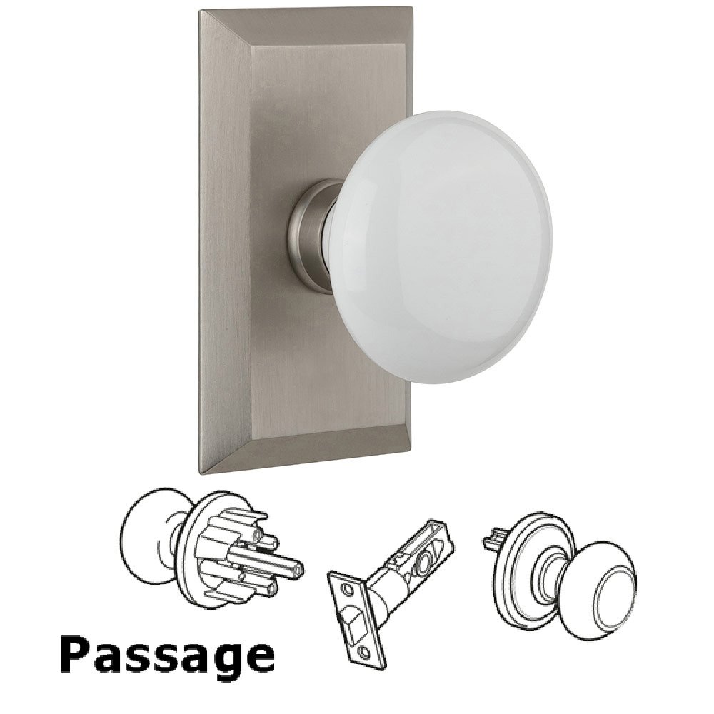 Passage Studio Plate with White Porcelain Knob in Satin Nickel