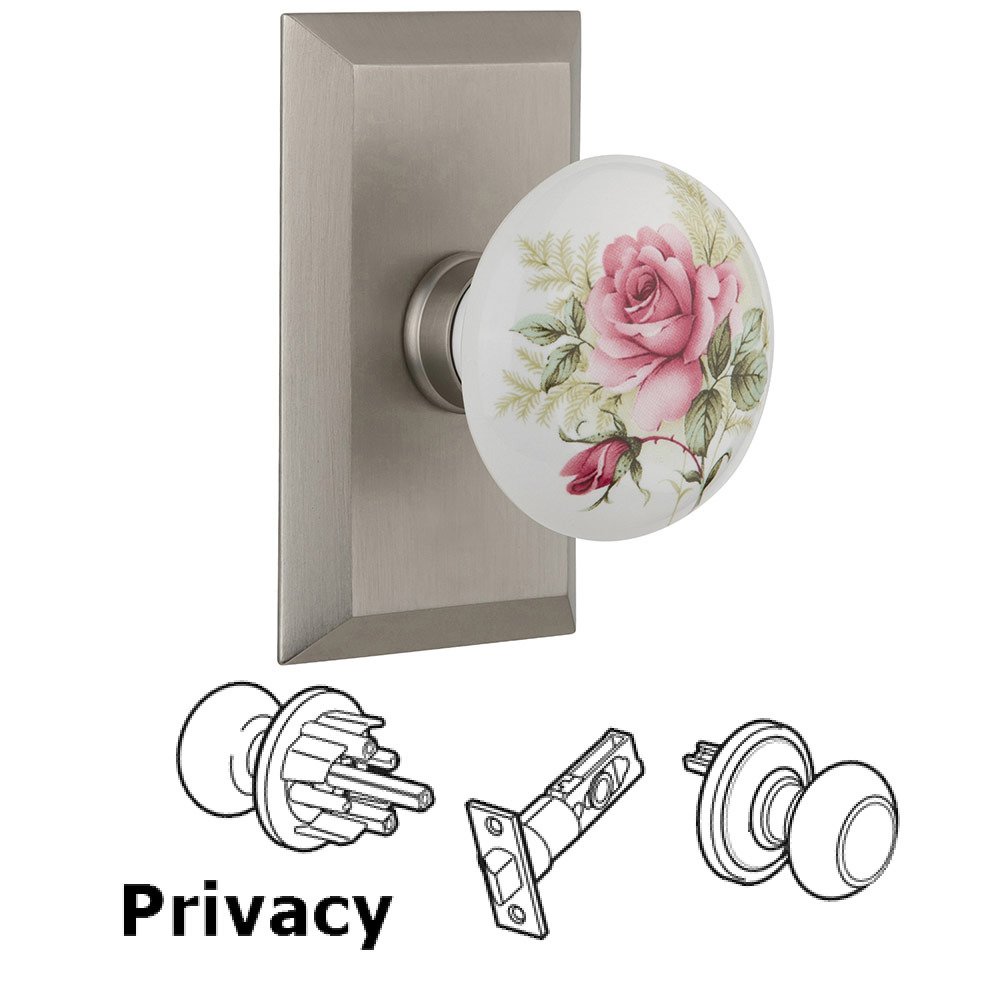 Privacy Studio Plate with White Rose Porcelain Knob in Satin Nickel