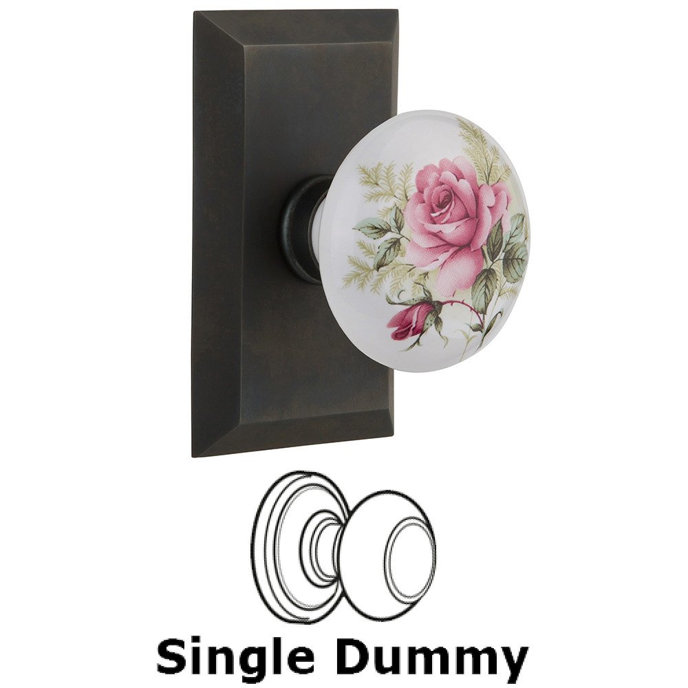 Single Dummy Studio Plate with White Rose Porcelain Knob in Oil Rubbed Bronze