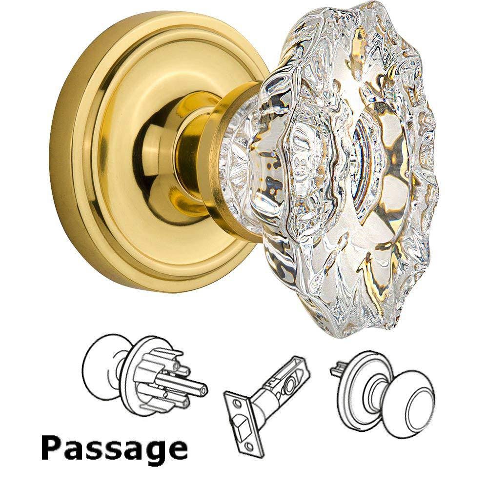 Full Passage Set Without Keyhole - Classic Rosette with Chateau Crystal Knob in Polished Brass