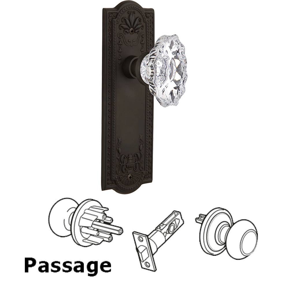 Full Passage Set Without Keyhole - Meadows Plate with Chateau Crystal Knob in Oil Rubbed Bronze