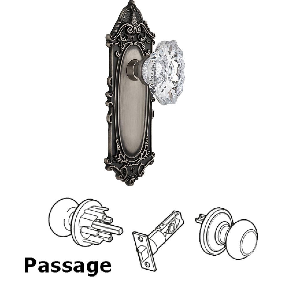 Full Passage Set Without Keyhole - Victorian Plate with Chateau Crystal Knob in Antique Pewter
