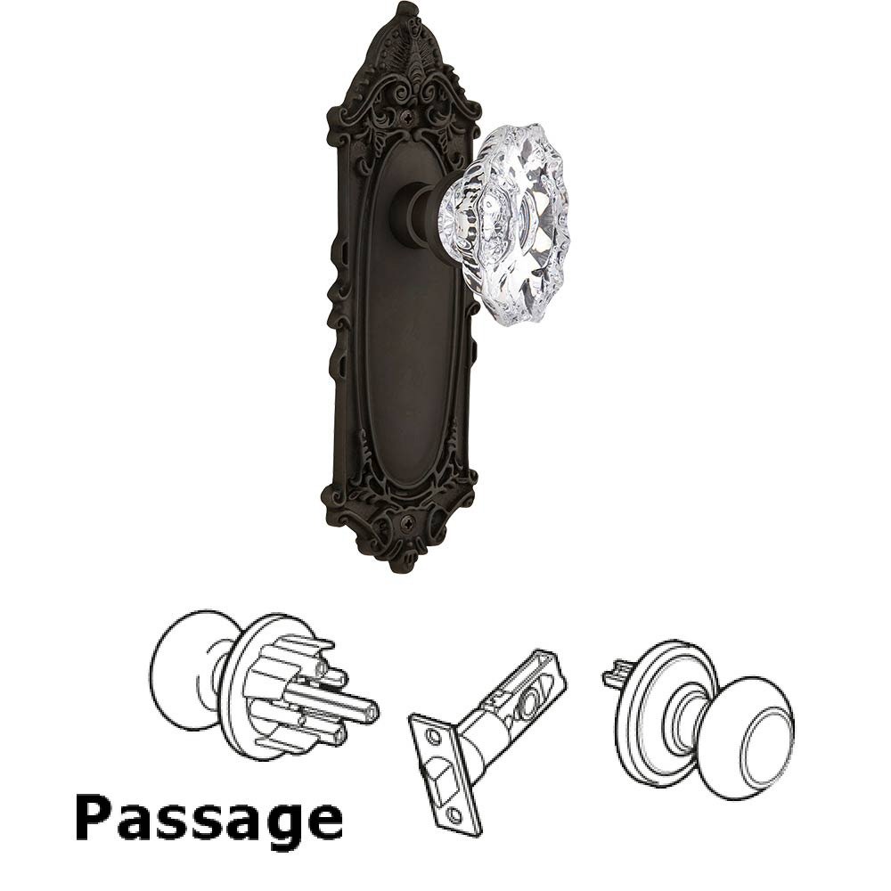 Full Passage Set Without Keyhole - Victorian Plate with Chateau Crystal Knob in Oil Rubbed Bronze