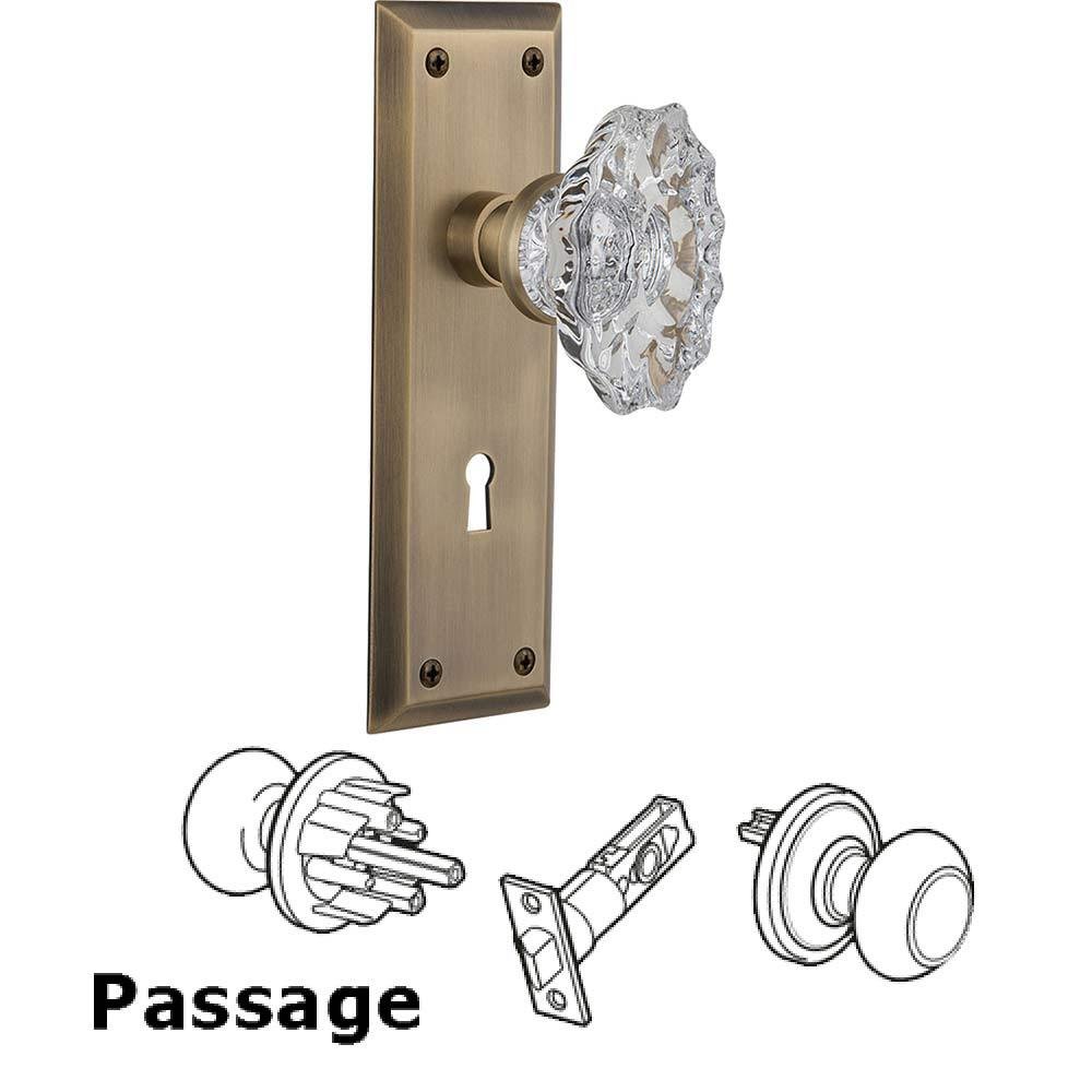 Full Passage Set With Keyhole - New York Plate with Chateau Crystal Knob in Antique Brass
