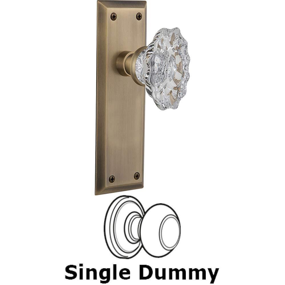 Single Dummy Knob Without Keyhole - New York Plate with Chateau Crystal Knob in Antique Brass