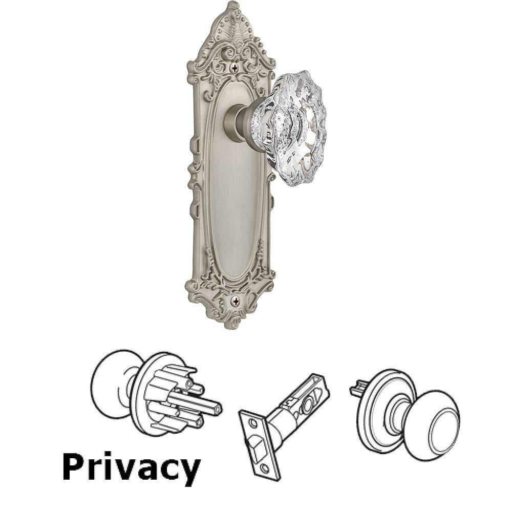 Complete Privacy Set Without Keyhole - Victorian Plate with Chateau Crystal Knob in Satin Nickel