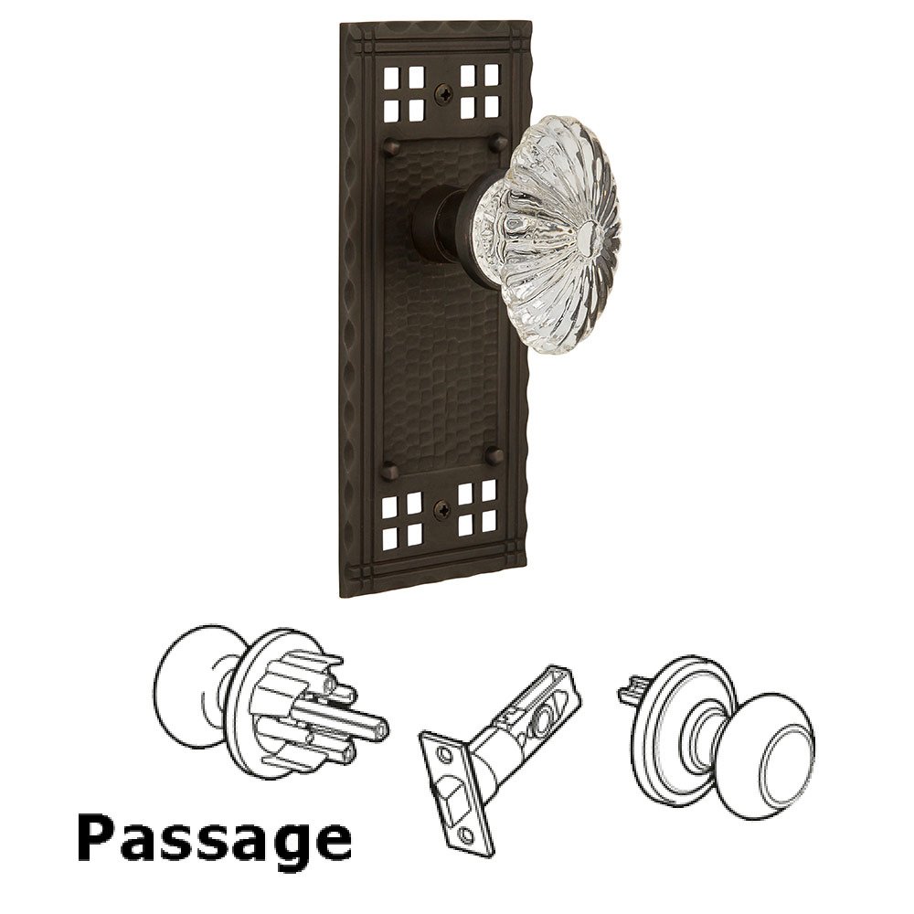 Passage Craftsman Plate with Oval Fluted Crystal Knob in Oil Rubbed Bronze