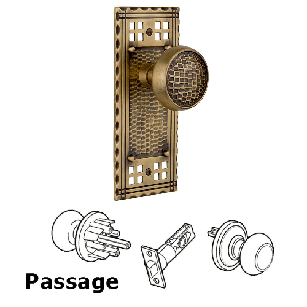 Passage Craftsman Plate with Craftsman Door Knob in Antique Brass