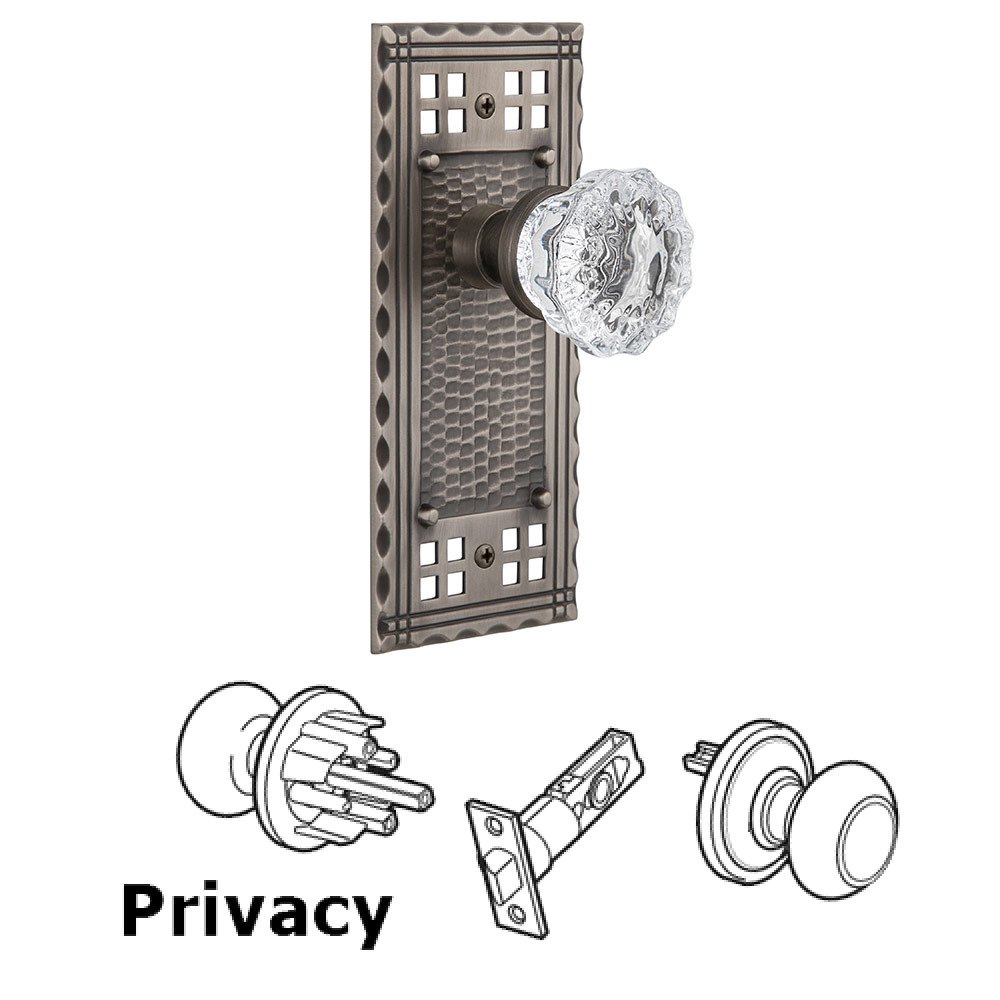 Privacy Craftsman Plate with Crystal Glass Door Knob in Antique Pewter