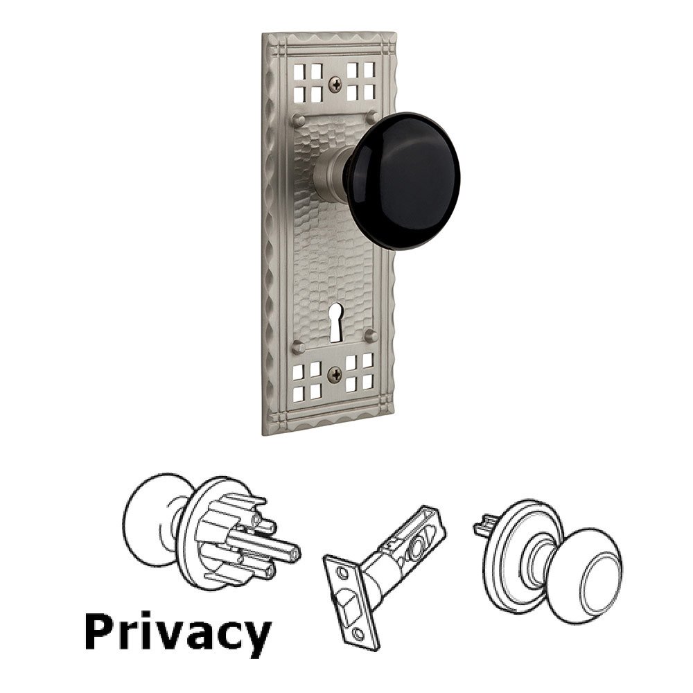 Privacy Craftsman Plate with Black Porcelain Knob and Keyhole in Satin Nickel