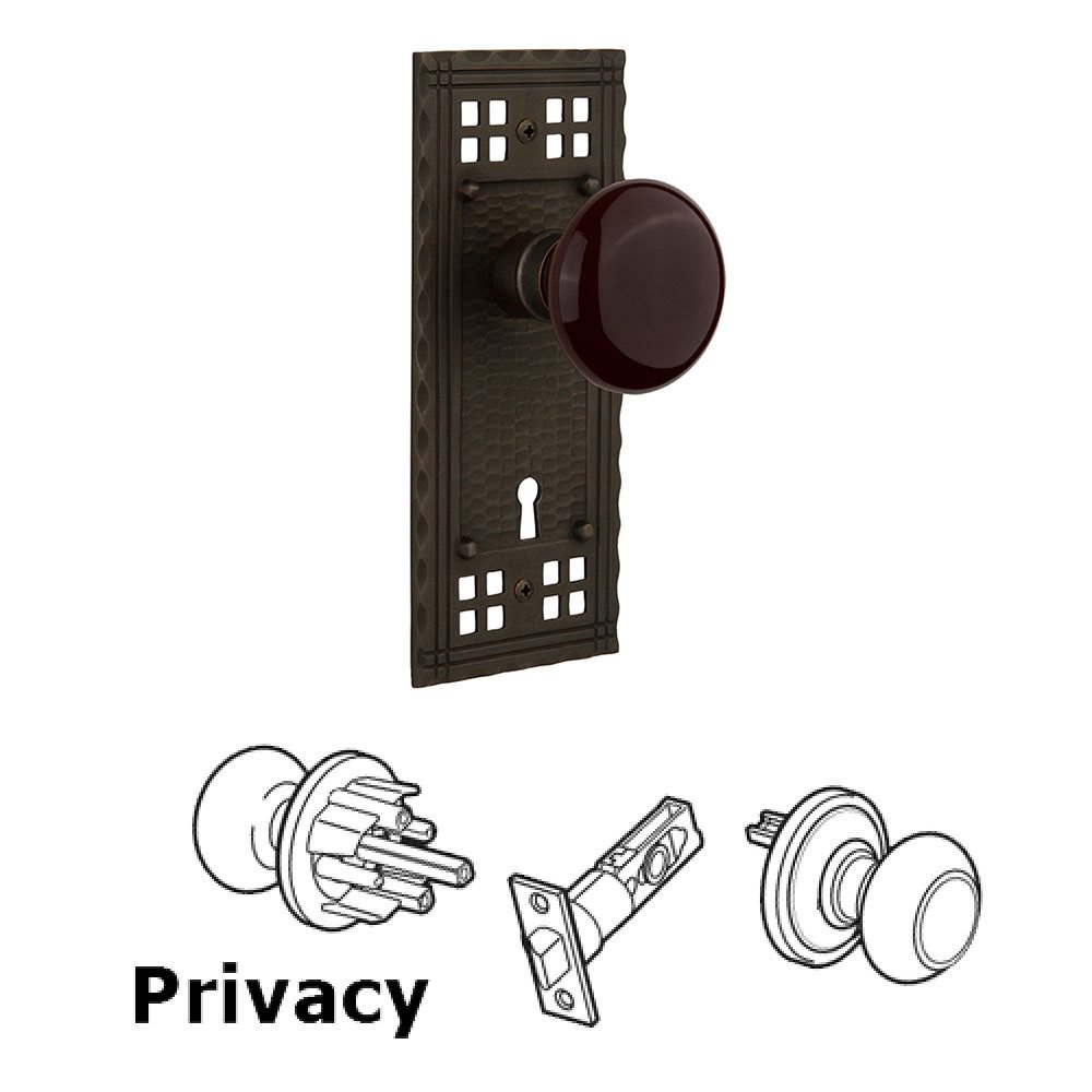 Privacy Craftsman Plate with Brown Porcelain Knob and Keyhole in Oil Rubbed Bronze