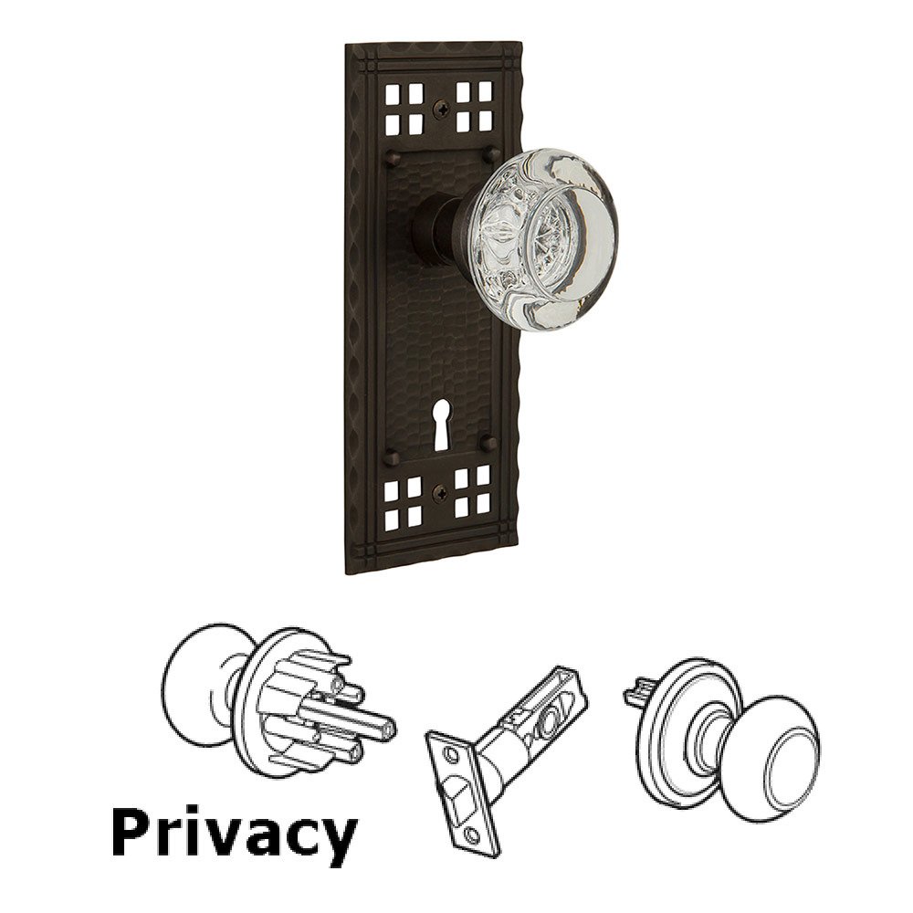 Privacy Craftsman Plate with Keyhole and Round Clear Crystal Glass Door Knob in Oil-Rubbed Bronze