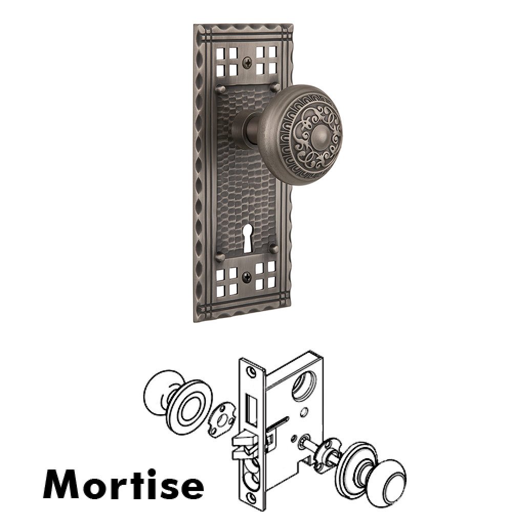 Mortise Craftsman Plate with Egg and Dart Knob and Keyhole in Antique Pewter