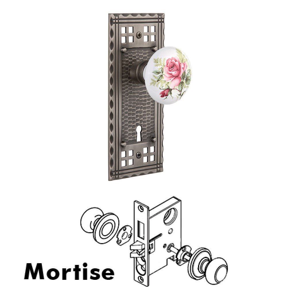 Mortise Craftsman Plate with White Rose Porcelain Knob and Keyhole in Antique Pewter