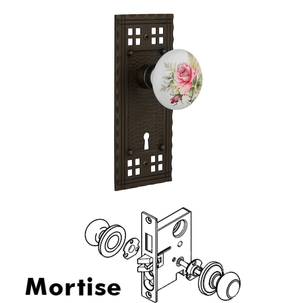 Mortise Craftsman Plate with White Rose Porcelain Knob and Keyhole in Oil Rubbed Bronze