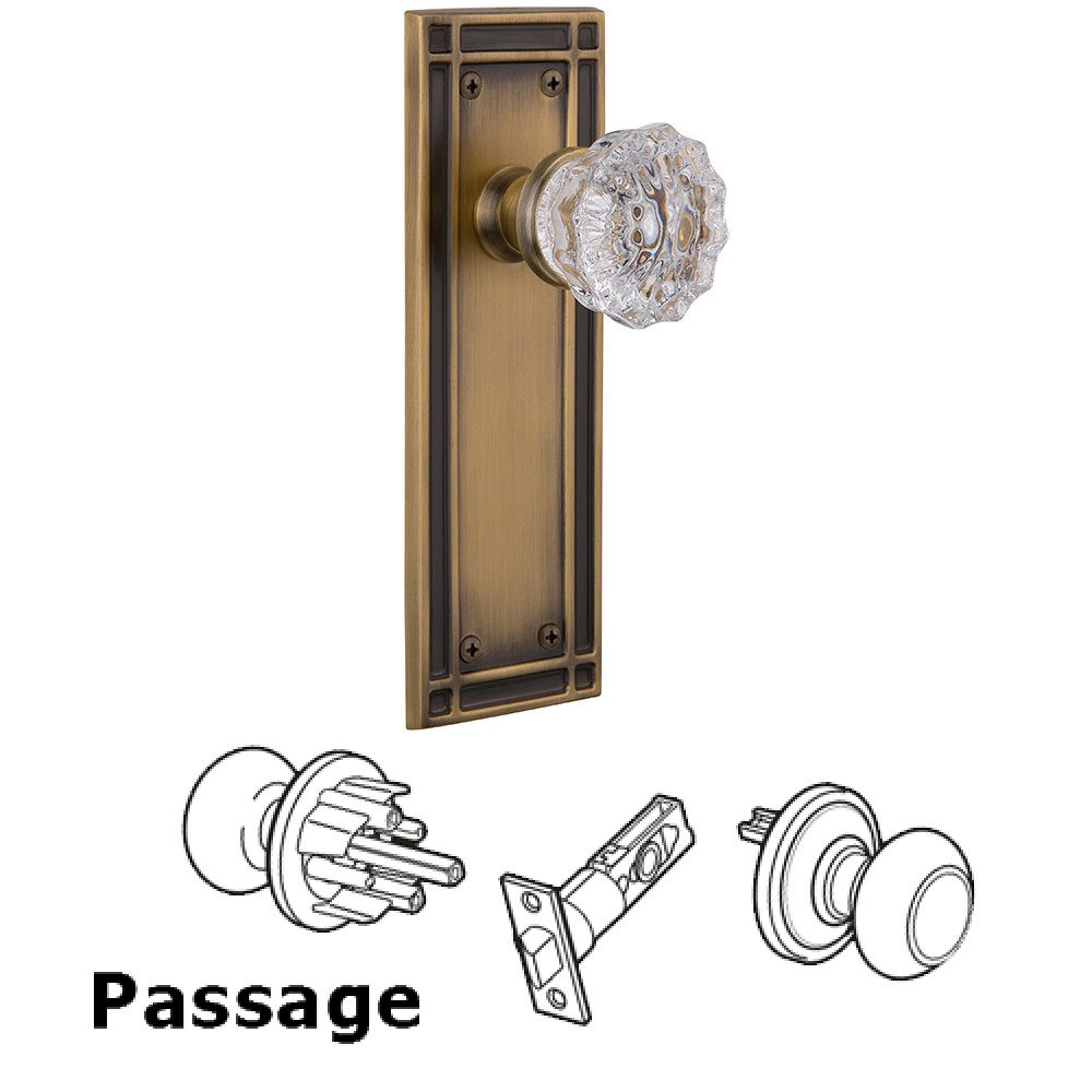 Passage Mission Plate with Crystal Glass Door Knob in Antique Brass