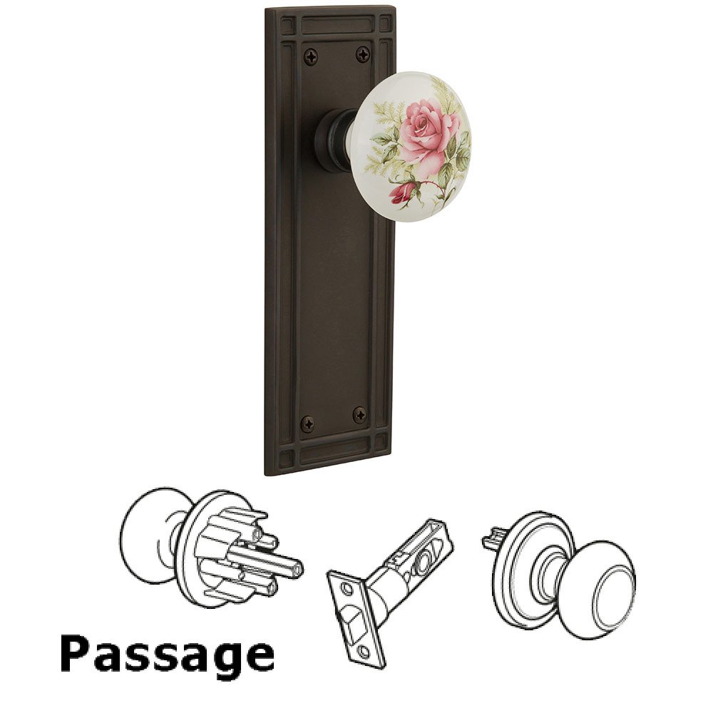 Passage Mission Plate with White Rose Porcelain Knob in Oil Rubbed Bronze