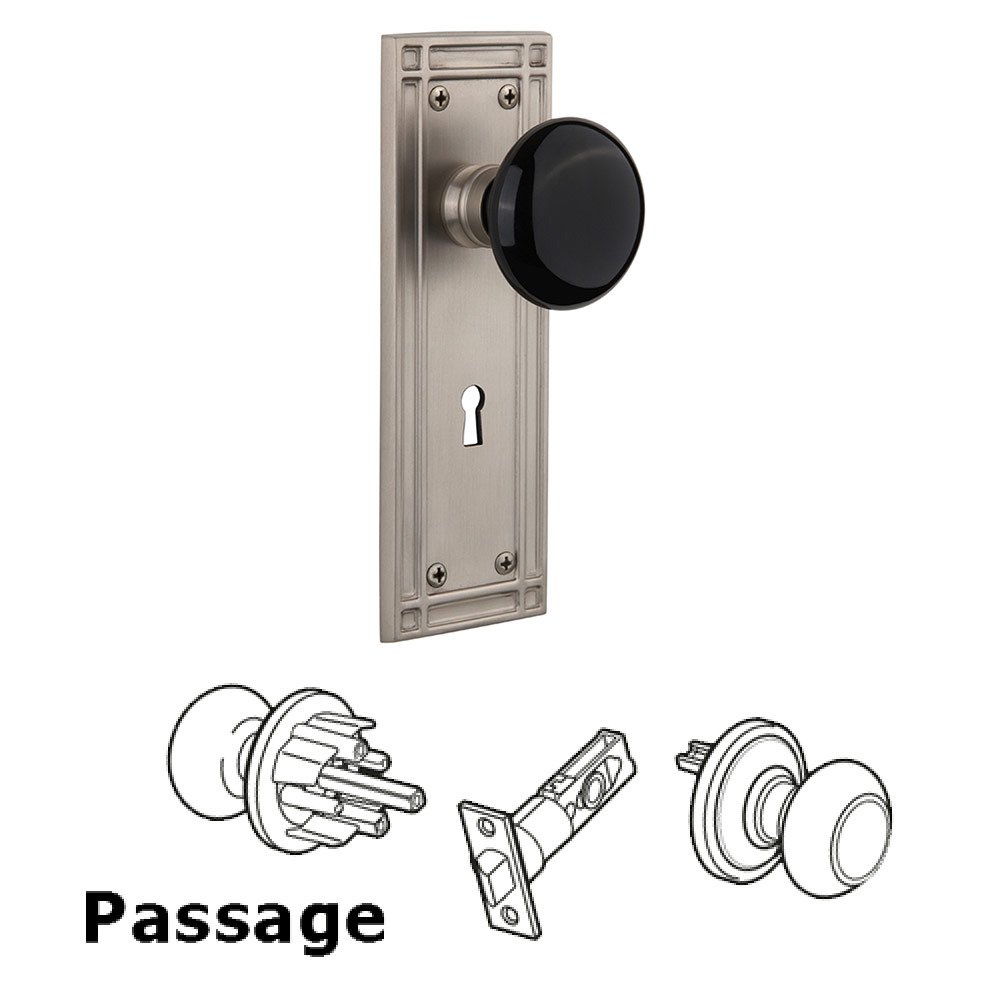 Passage Mission Plate with Keyhole and Black Porcelain Door Knob in Satin Nickel