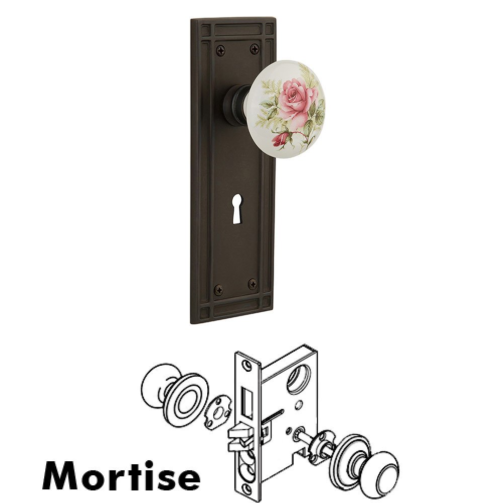 Mortise Mission Plate with White Rose Porcelain Knob and Keyhole in Oil Rubbed Bronze