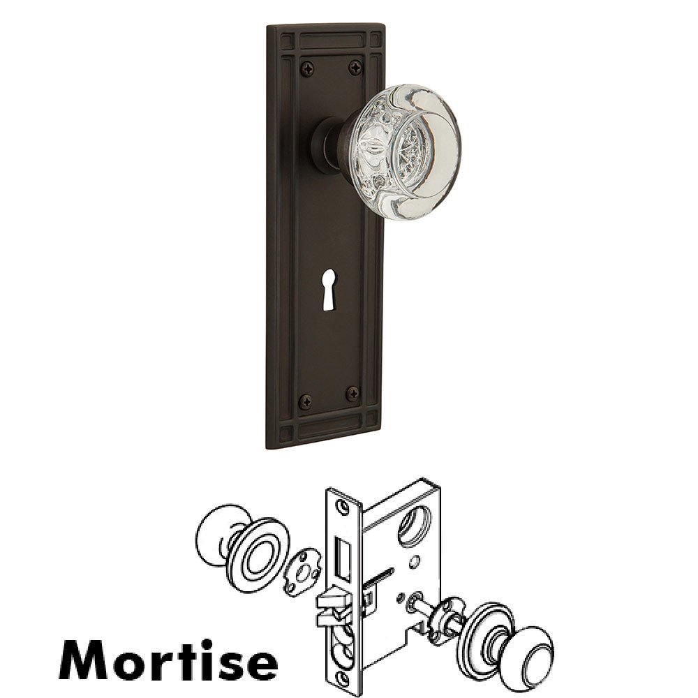 Mortise Mission Plate with Round Clear Crystal Knob and Keyhole in Oil Rubbed Bronze