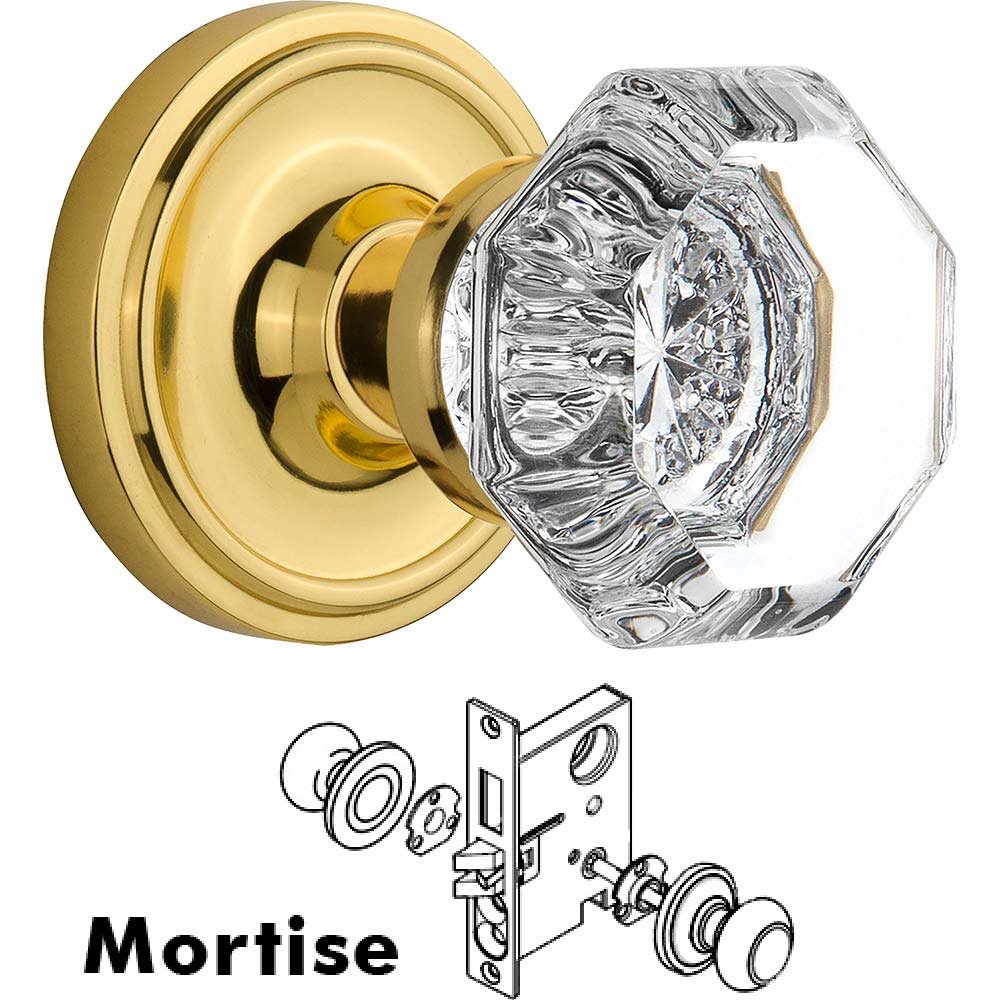 Mortise Classic Rosette with Waldorf Knob and Keyhole in Unlacquered Brass