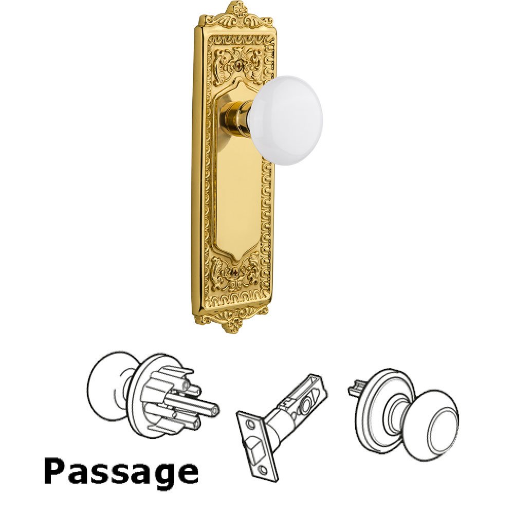 Passage Egg and Dart Plate with White Porcelain Knob and Keyhole in Unlacquered Brass