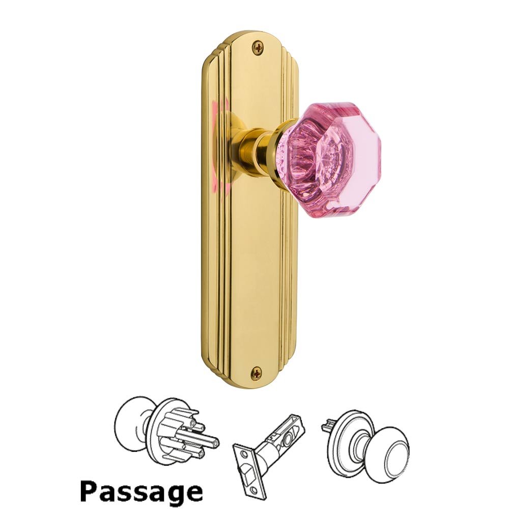 Nostalgic Warehouse - Passage - Deco Plate Waldorf Pink Door Knob in Polished Brass
