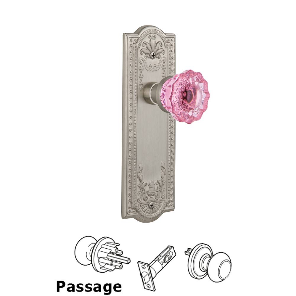 Nostalgic Warehouse - Passage - Meadows Plate Crystal Pink Glass Door Knob in Satin Nickel
