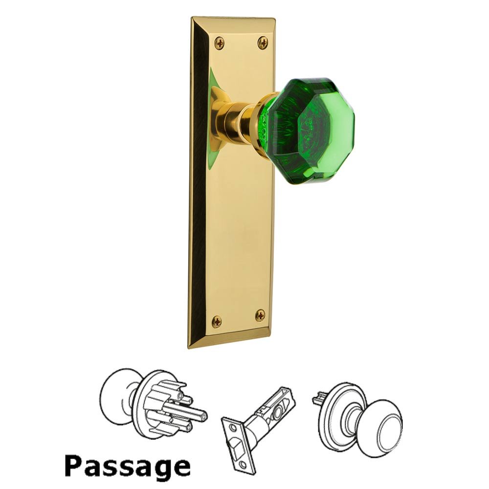Nostalgic Warehouse - Passage - New York Plate Waldorf Emerald Door Knob in Polished Brass