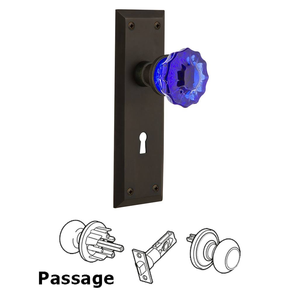 Nostalgic Warehouse - Passage - New York Plate with Keyhole Crystal Cobalt Glass Door Knob in Oil-Rubbed Bronze