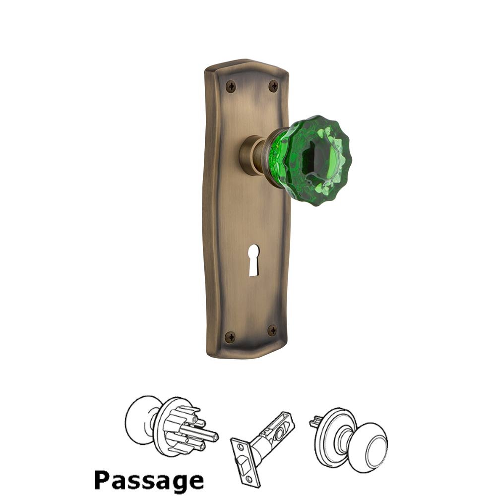 Nostalgic Warehouse - Passage - Prairie Plate with Keyhole Crystal Emerald Glass Door Knob in Antique Brass