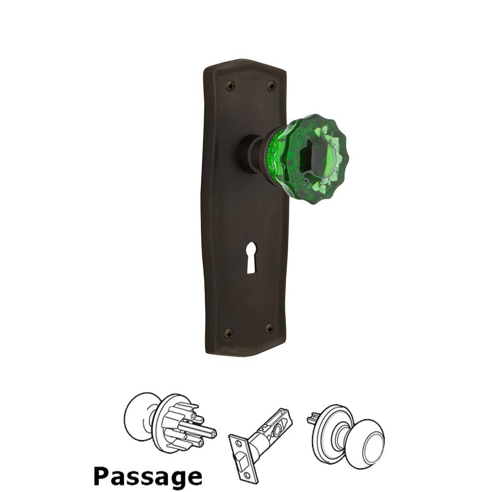 Nostalgic Warehouse - Passage - Prairie Plate with Keyhole Crystal Emerald Glass Door Knob in Oil-Rubbed Bronze