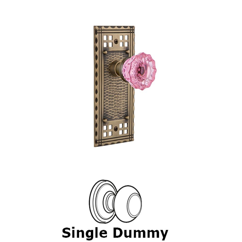 Nostalgic Warehouse - Single Dummy - Craftsman Plate Crystal Pink Glass Door Knob in Antique Brass