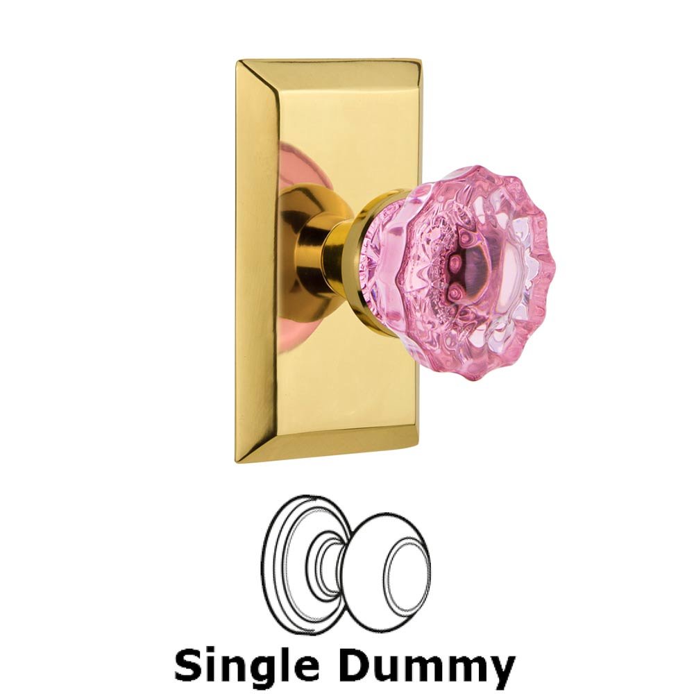 Nostalgic Warehouse - Single Dummy - Studio Plate Crystal Pink Glass Door Knob in Polished Brass