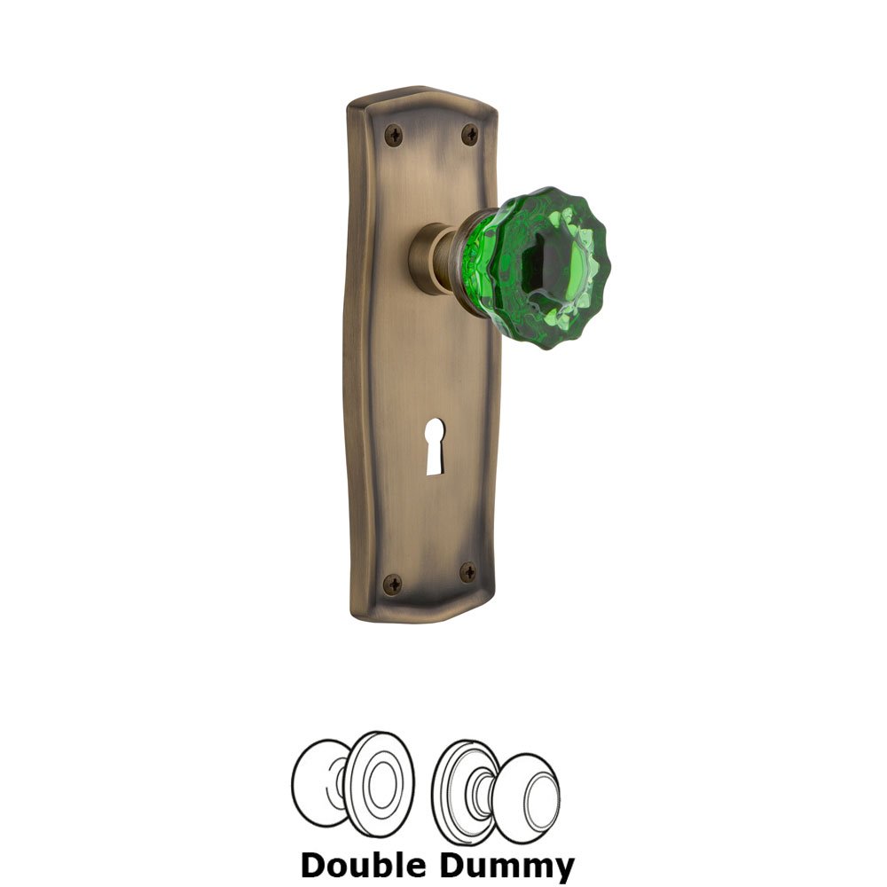 Nostalgic Warehouse - Double Dummy - Prairie Plate with Keyhole Crystal Emerald Glass Door Knob in Antique Brass