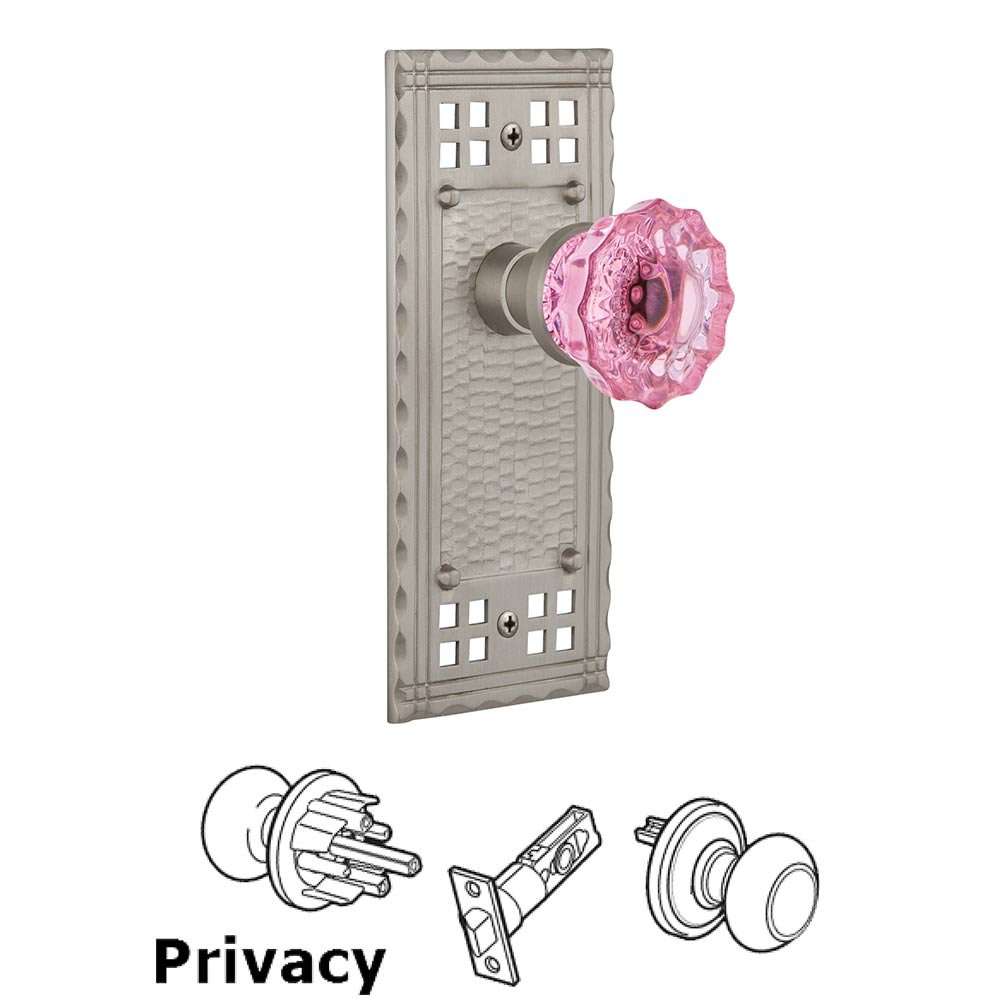 Privacy Craftsman Plate Crystal Pink Glass Door Knob in Satin Nickel